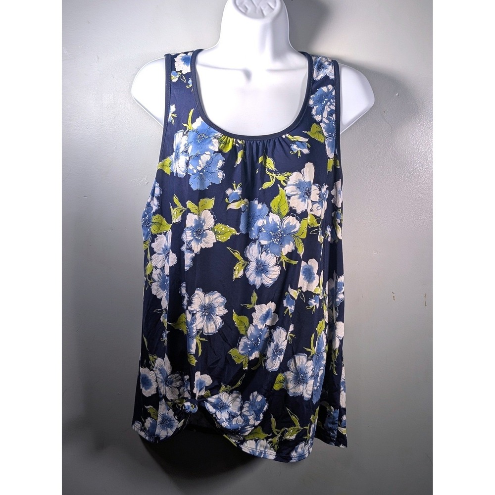 Lavish M Navy Blue Floral Twist Hem Sleeveless Tank Top Summer Office Boho Chic - Picture 2 of 9